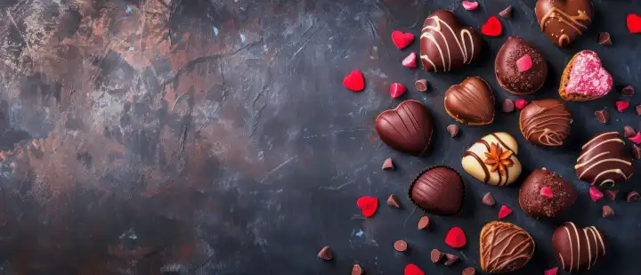 KI Generative Illustration eines Banners mit glasierter herzförmiger Schokolade und kleinen Herzen auf rosa Hintergrund mit Kopierraum