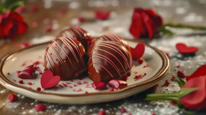 KI generative Illustration mit glasierter Schokolade mit romantischer Dekoration auf einem kleinen Teller