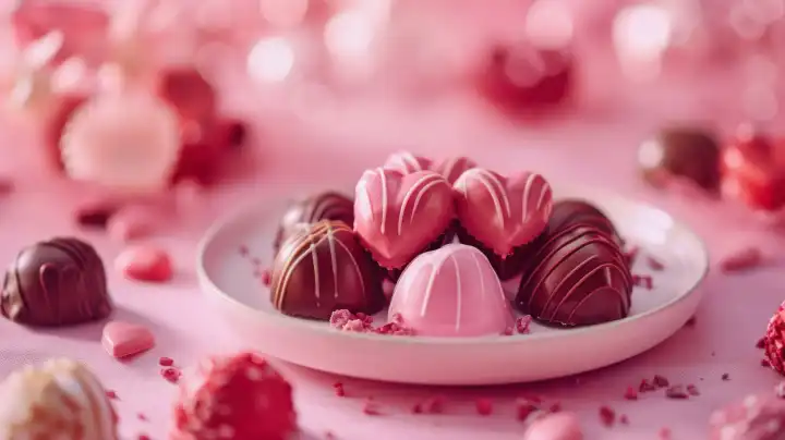 Ai generative Illustration von Pralinen mit einer rosa Schokoladenglasur zum Valentinstag oder einem Geburtstag