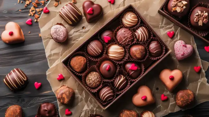 KI generative Illustration einer Box mit glasierten Schokoladenpralinen mit einigen kleinen rosa Herzen