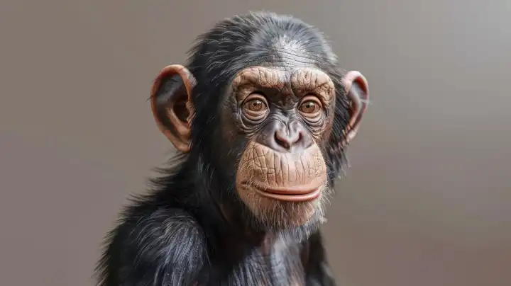 KI Generative Illustration eines 3D-Schimpansen-Porträts vor braunem Hintergrund