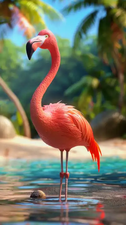 KI Generative 3D-Illustration eines rosa Flamingos, der im Wasser steht, verschwommene Palmen und Strand im Hintergrund