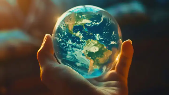KI Generative Illustration eines Planeten Erde Glaskugel in einer Hand