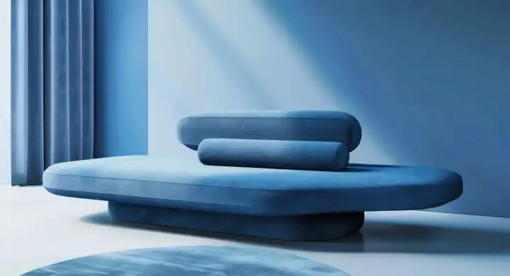KI Generative Illustration eines modernen blauen Sofas in einem blauen Raum