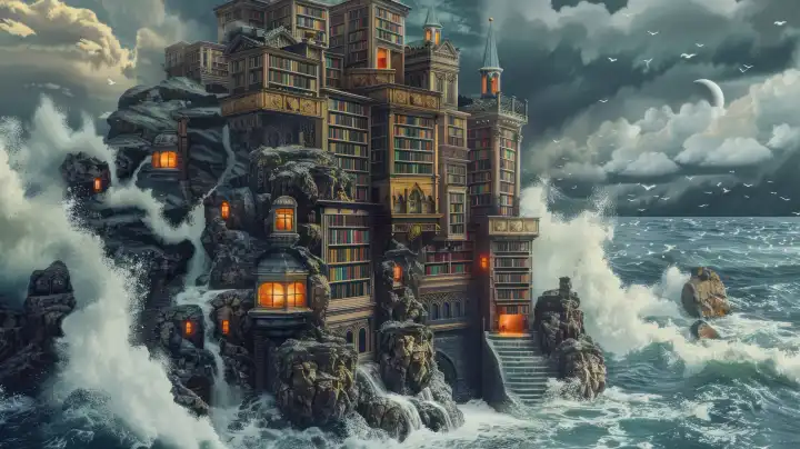 KI Generative Illustration einer Bibliothek auf einem Felsen in stürmischen Wellen