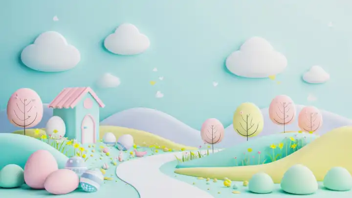 AI Generative 3D-Illustration eines niedlichen pastellfarbenen Osterlandes mit einem kleinen Haus, Weg und Eiern