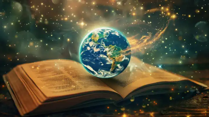 AI generative Illustration eines Planeten Erde, der über einem geöffneten Buch schwebt, Symbol für das Wissen der Welt