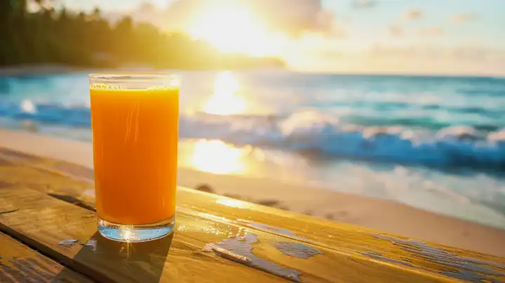 Ai generative Illustration eines frisch gepressten Orangensafts vor einer verwischten Strandkulisse