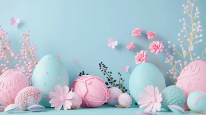KI Generative Illustration eines 3D-Osterhintergrunds in hellblau und rosa Farbe mit Blumen und Eiern