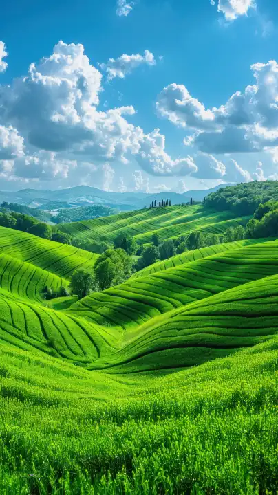 AI Generative vertikale Illustration von schönen grünen Hügeln und Wiesen mit einem blauen wolkigen Himmel