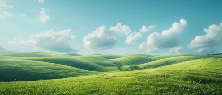 KI Generative Illustration einer Landschaft mit grünen Hügeln und einem blauen bewölkten Himmel mit Sonnenschein
