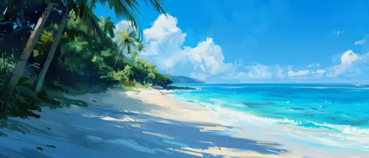 ai generative illustration eines paradiesischen strandes mit palmen im malstil