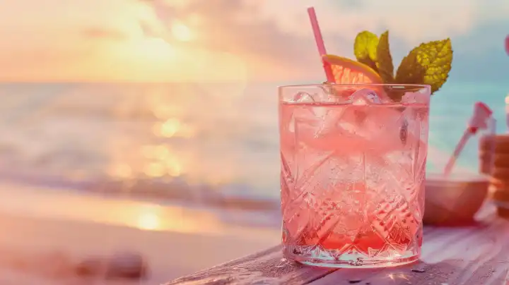 ai generative illustration eines rosa cocktail vor einer verschwommenen strandlandschaft bei sonnenuntergang