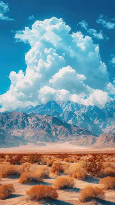 ai generative vertikale Illustration der Wüste Landschaft im Vordergrund und Berge im Hintergrund mit blauen bewölkten Himmel
