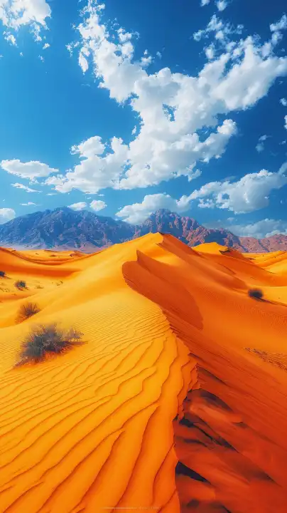 ai generative vertikale Illustration der Sanddüne Wüste Landschaft in der Front und Berge im Hintergrund mit blauen bewölkten Himmel