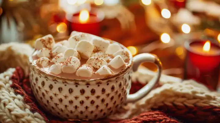 ai generative Illustration einer Tasse heißer Schokolade mit kleinen weißen Marshmallows darauf, Kerzen im Hintergrund
