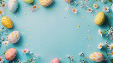 ai generative illustration of a pastel colored spring easter background with colored easter eggs and daisy flowers