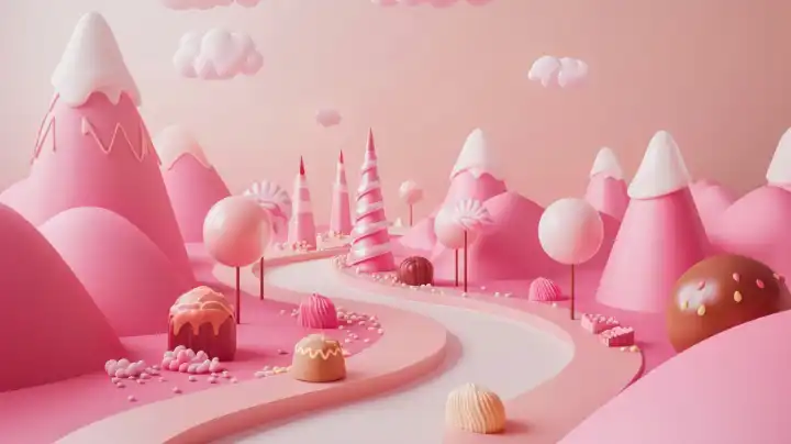 ai generative 3D-Illustration von weißen und rosa Süßigkeiten Land mit rosa Berge und Pralinen