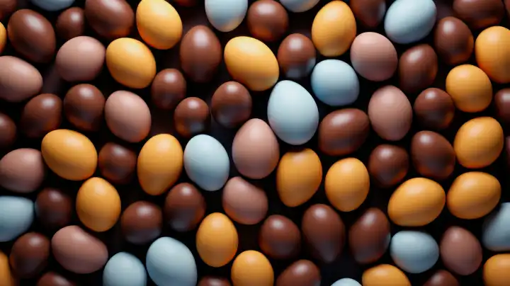 ai generative Illustration eines Hintergrunds mit vielen kleinen Schokoladeneiern in verschiedenen Farben