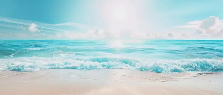 ai generative Illustration eines Traumstrandes Hintergrund mit türkisfarbenem Wasser und Sonnenschein