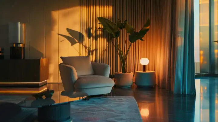 ai generative Illustration eines gemütlichen grauen Sessels in einer modernen Wohnung