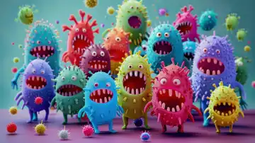 ai generative Illustration eines lustigen bunten Virus-Chores mit weit geöffnetem Mund