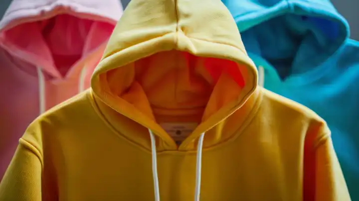 ai generative illustration of a yellow hoodie in front and a pink and blue in background
