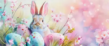 ai generative illustration of a pretty easter background with an easter bunny in a pastel colored easter scenery