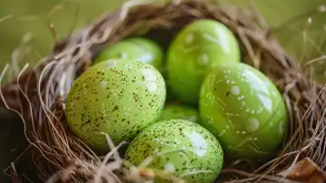ai generative illustration of an easter basket with light green colored easter eggs