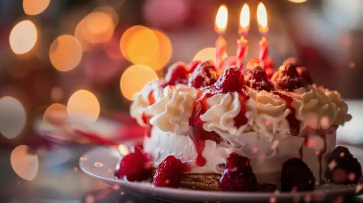 ai generative illustration of a raspberry cream birthday cake with burning candles