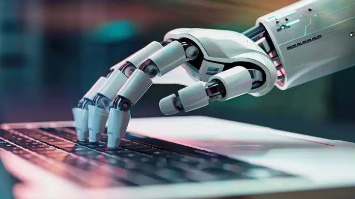 ai generative Illustration einer Roboterhand in Nahaufnahme, die Finger der Roboterhand arbeiten auf einer Laptop-Tastatur