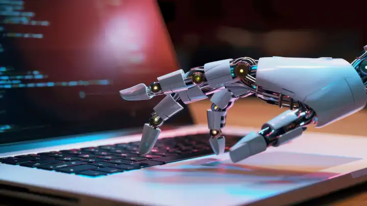 ai generative Illustration einer Roboterhand in Nahaufnahme, die Finger der Roboterhand arbeiten auf einer Laptop-Tastatur