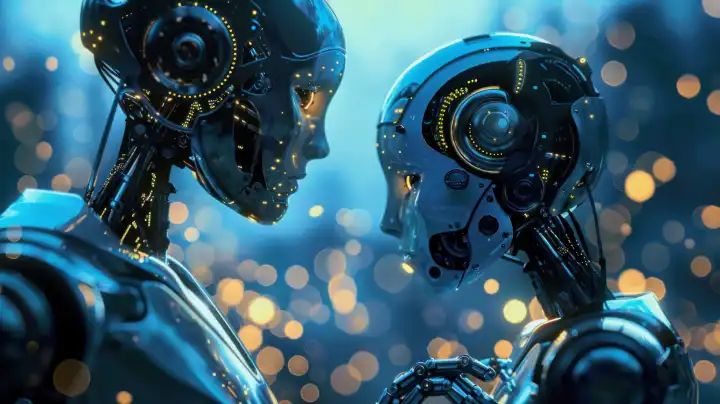 ai generative illustration of a male and female android robots together with fairy lights bokeh