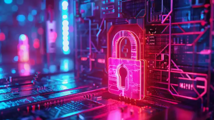 ai generative Illustration eines rosa Schlosses auf digitalem Hintergrund als Symbol für Cybersicherheit