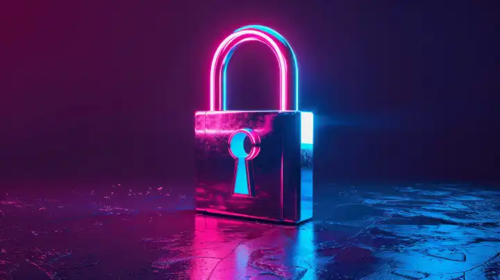ai generative illustration of a pink metallic lock on a metallic surface as symbolic for cyber security