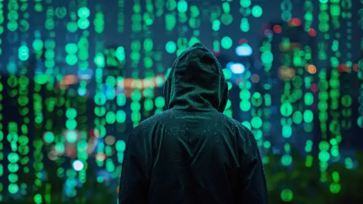 ai generative Illustration eines unkenntlichen Mannes in einem dunklen Kapuzenpullover steht vor einem großen Bildschirm mit grüner digitaler Schrift, symbolische Darstellung eines Hackers