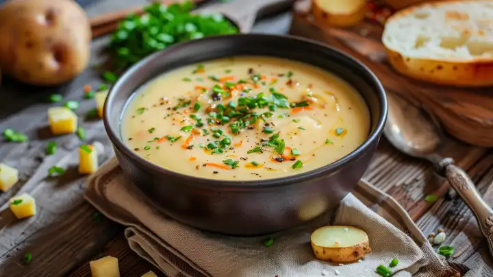 ai generative illustration of a hot potato cream soup in a bowl