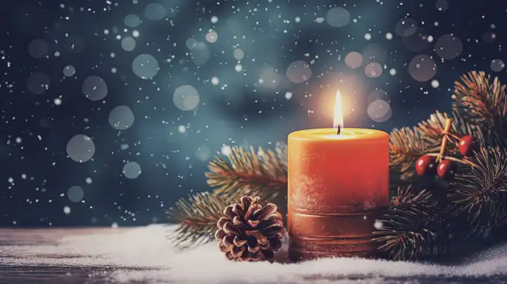 ai generative, red christmas candle beside a fir tree branch and blurred snow bokeh with copy space