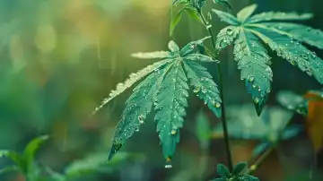 ai generative illustration of a hemp plant with rain drops