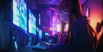 ai generative anime illustration of a female computer nerd in her room