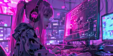ai generative anime illustration of a female computer nerd in her room