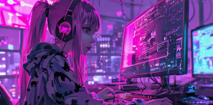 ai generative Anime-Illustration eines weiblichen Computer-Nerds in ihrem Zimmer