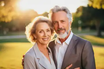 60 year old man in suit with his wife in front of a blurred park scenery, both with happy expression