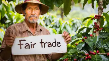 ai generative illustration of a coffee plantation farmer holding a white sign. The sign reads: Fair trade