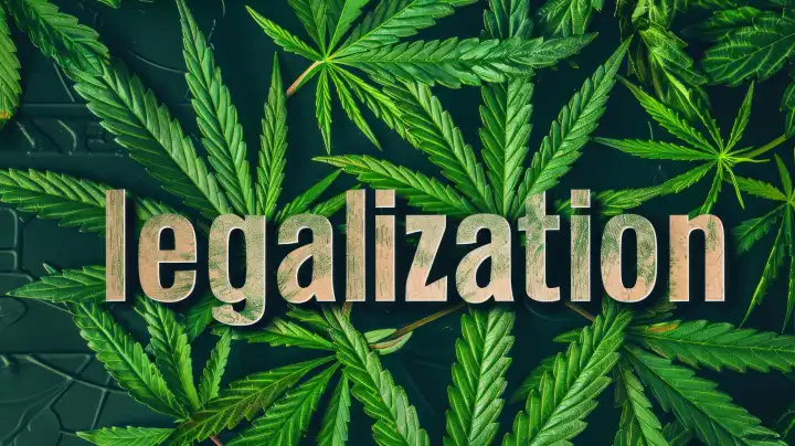 ai generative Illustration des englischen Wortes legalization, geschrieben auf Hanfblättern