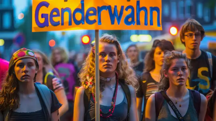 Jugendliche halten ein Schild mit dem deutschen Wort Genderwahn
