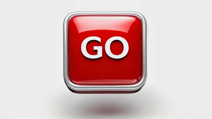 ai generative illustration of a 3d square button in red color with a silver frame against white background, written on it is the word GO
