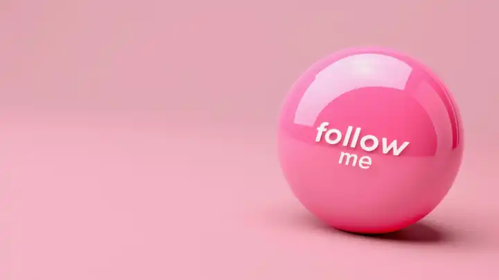 generative ai illustration with a pink glossy ball with the words follow me, copy space on light pink background