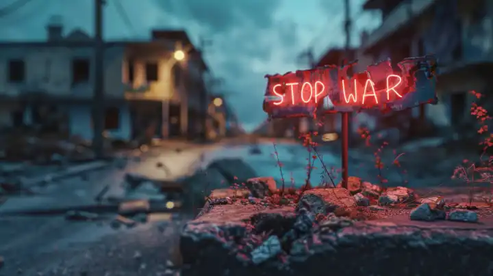ai generative illustration of a sign with the text Stop War in front of a destroyed city