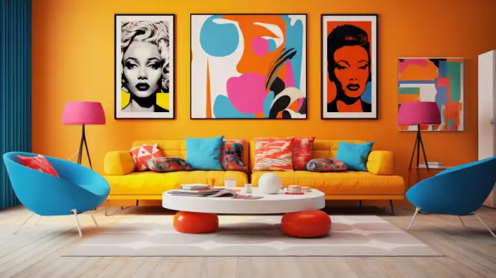 ai generative illustration eines modernen wohnzimmers im pop art einrichtungsstil